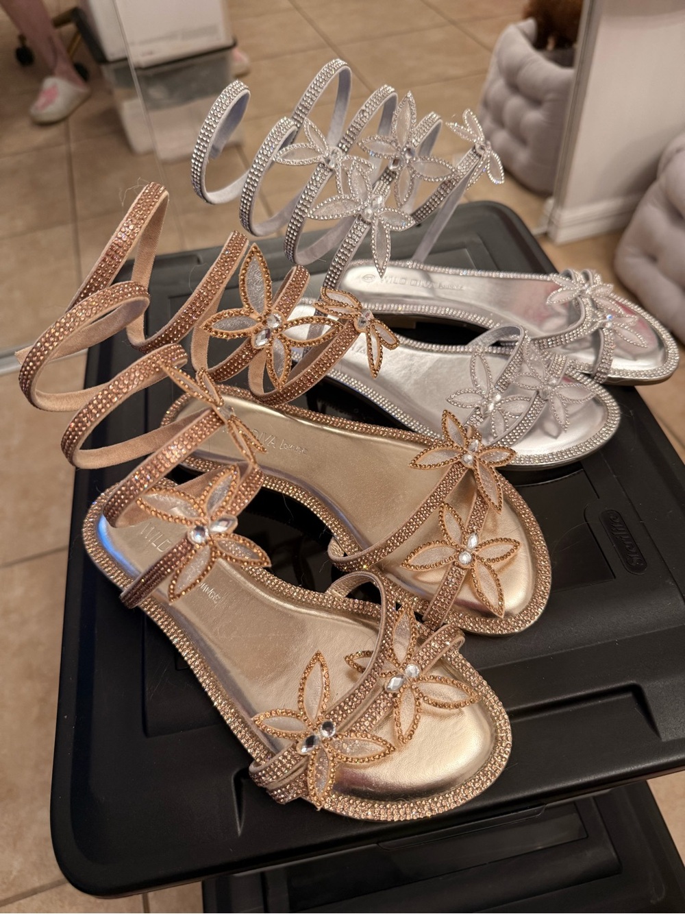 Fashion Nova Floral Spiral-Strap Flats - Gold and Silver